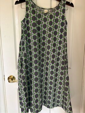 Orla Kiely x Uniqlo women’s blue Midi Dress with Green & White Geo Print